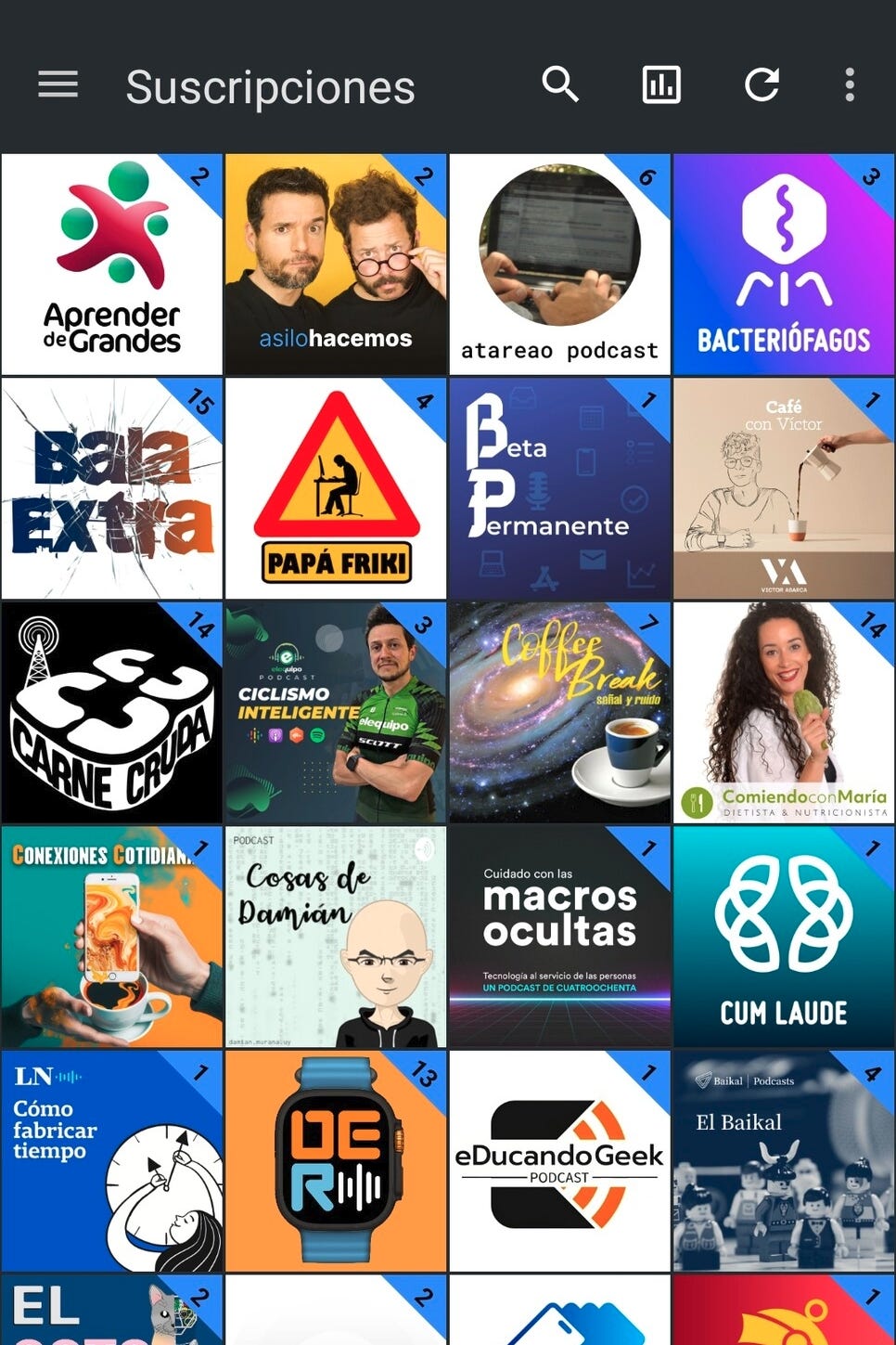 Vista de suscripciones en AntennaPod