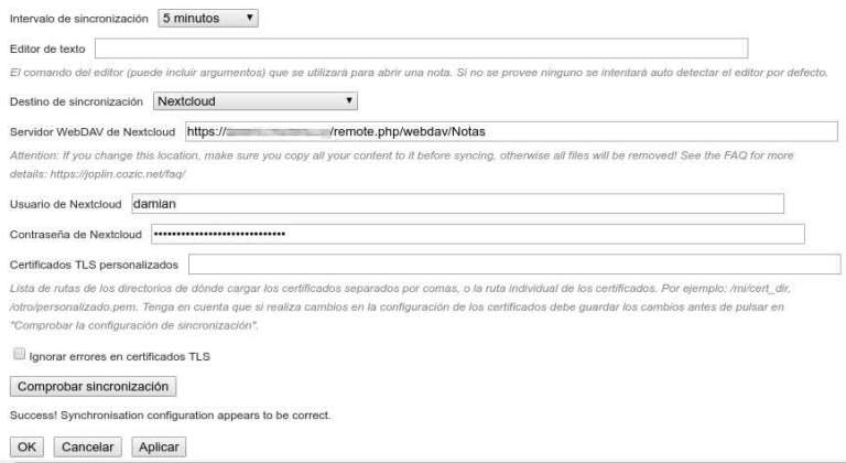 Configuración de sincronización de Joplin